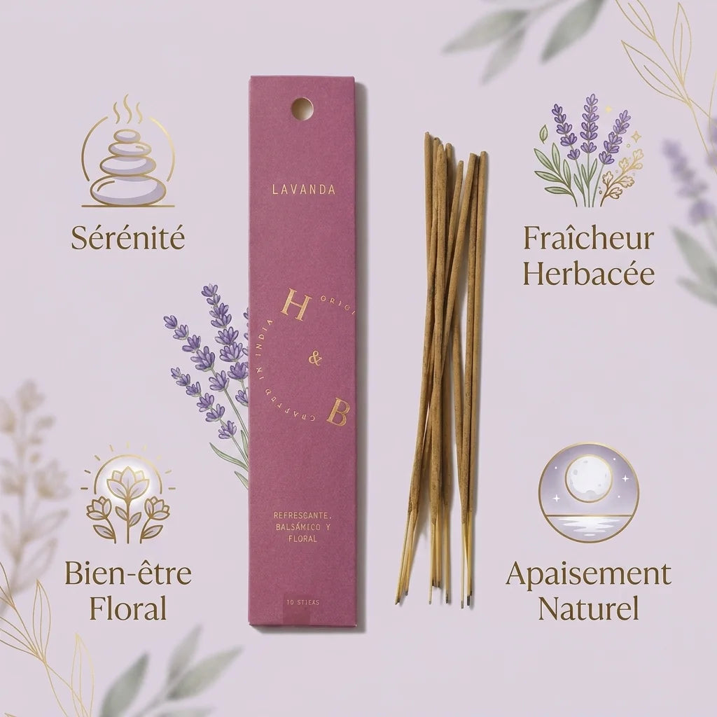 Encens naturel lavande x10 avec infographie des bénéfices : sérénité, fraîcheur et bien-être