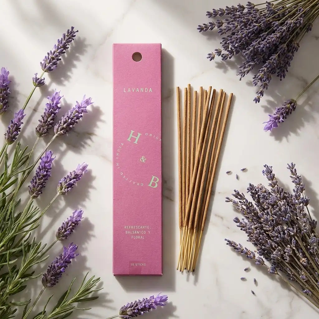 Encens naturel lavande H&B avec fleurs séchées sur marbre blanc