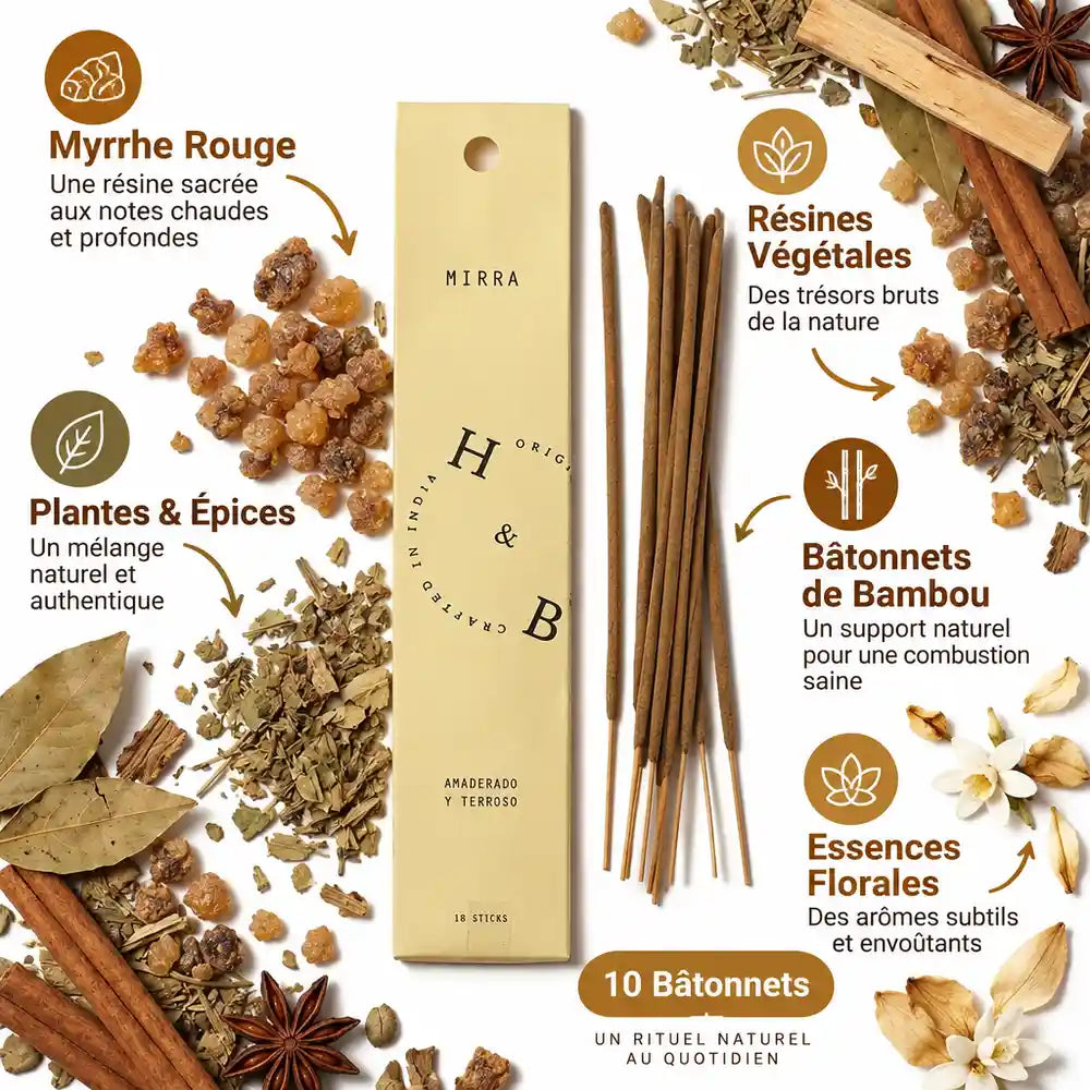 Encens naturel myrrhe H&B Origins 10 bâtons avec ingrédients naturels et résines végétales