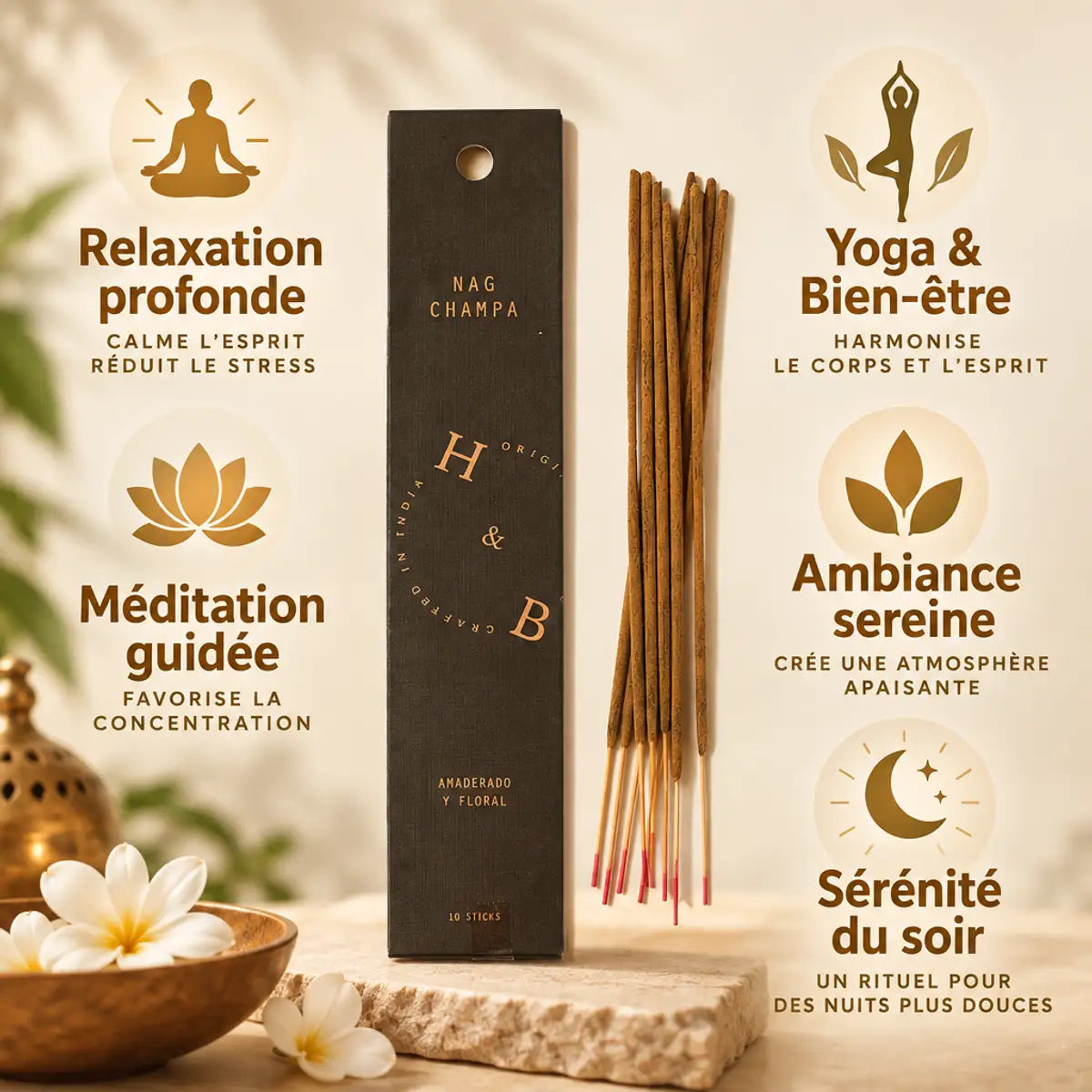 Encens Nag Champa naturel 10 bâtons boîte H&B avec bénéfices relaxation méditation yoga bien-être
