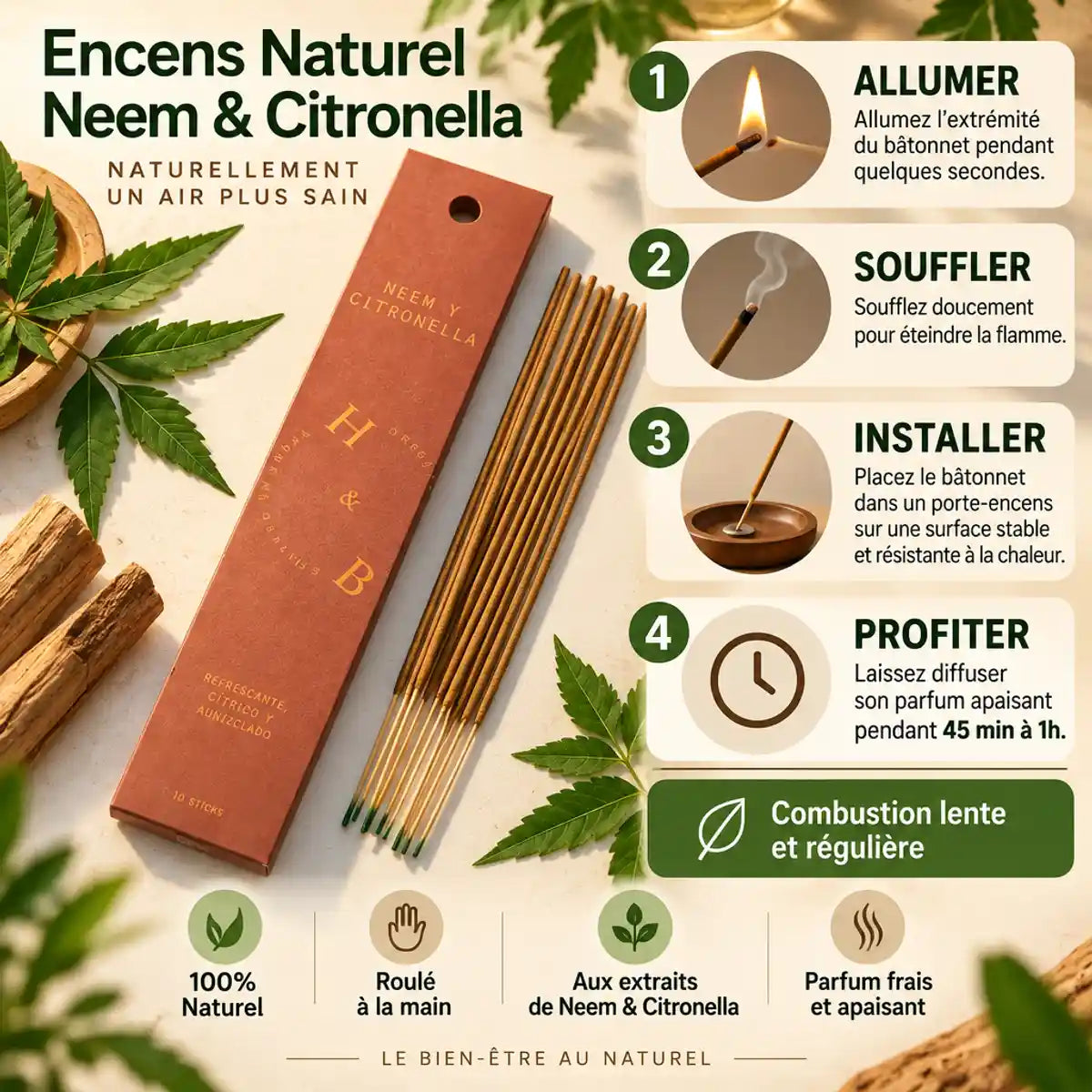 Encens naturel Neem & Citronnelle 10 bâtons avec instructions d'utilisation et bénéfices 100% naturel