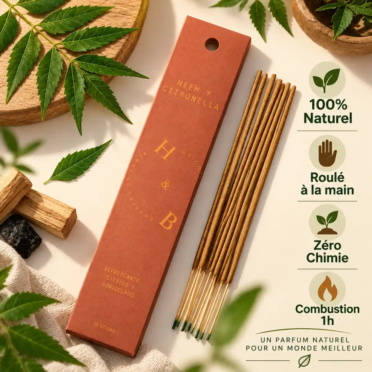 Encens naturel Neem Citronnelle 10 bâtons roulés main, boîte terracotta avec feuilles vertes, 100% naturel zéro chimie