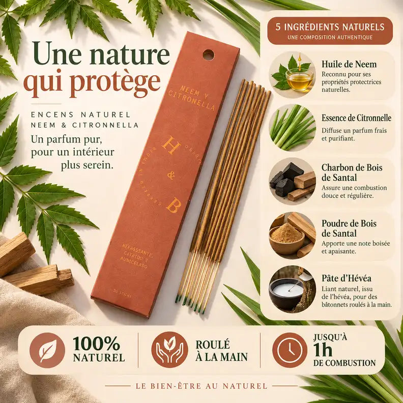 Encens Neem & Citronnelle naturel 10 bâtons roulés à la main avec ingrédients biologiques
