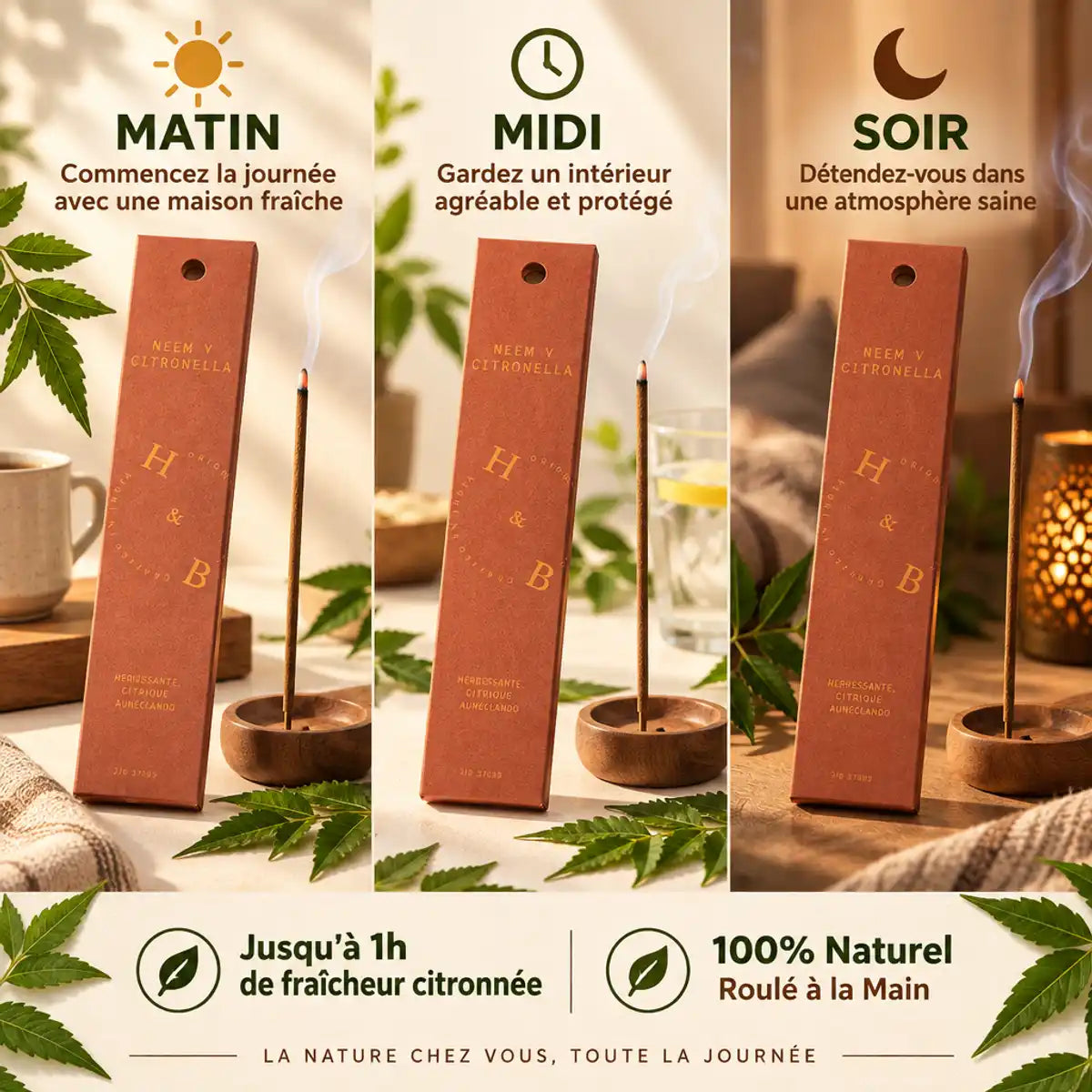 Encens naturel Neem & Citronnelle - Rituel jour avec bâtons, boîte terracotta et feuilles vertes
