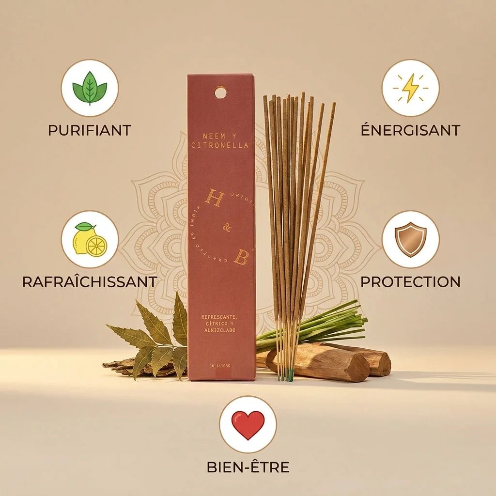 Encens Naturel Neem & Citronnelle x10 - Boîte terracotta avec bâtons, avantages purifiants et bien-être