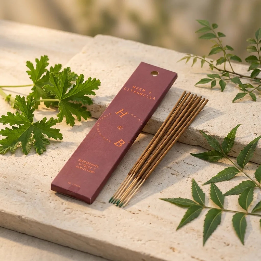 Encens naturel Neem & Citronnelle x6 avec feuilles fraîches et branches, packaging burgundy H&B