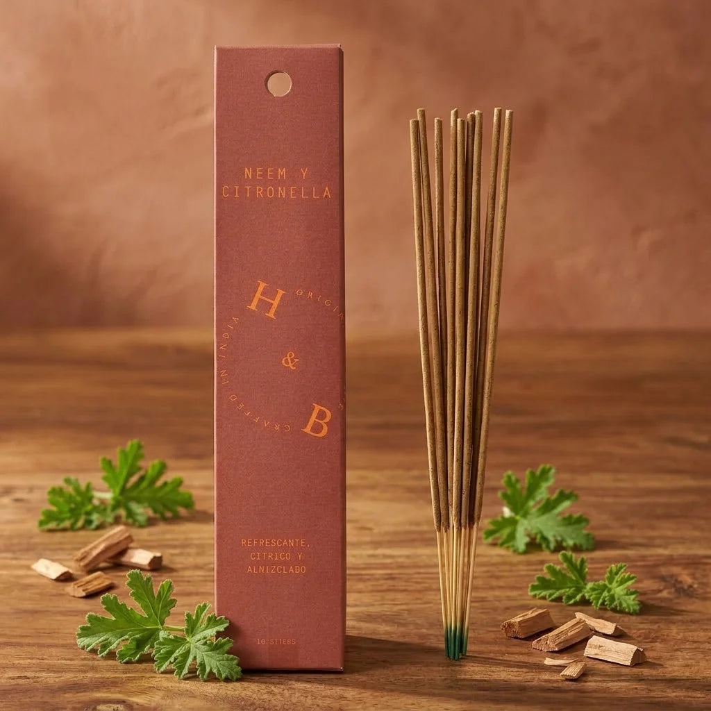 Encens naturel Neem & Citronnelle x6 avec feuilles fraîches sur surface bois