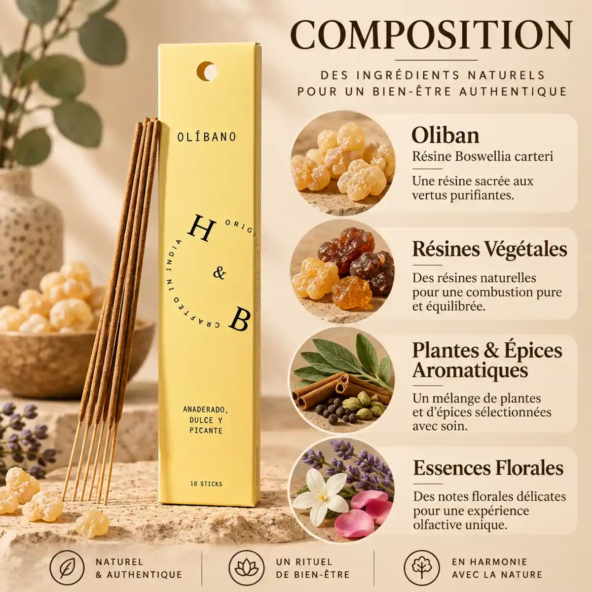 Encens naturel Oliban 10 bâtons avec composition affichée - résine Boswellia carteri et plantes aromatiques