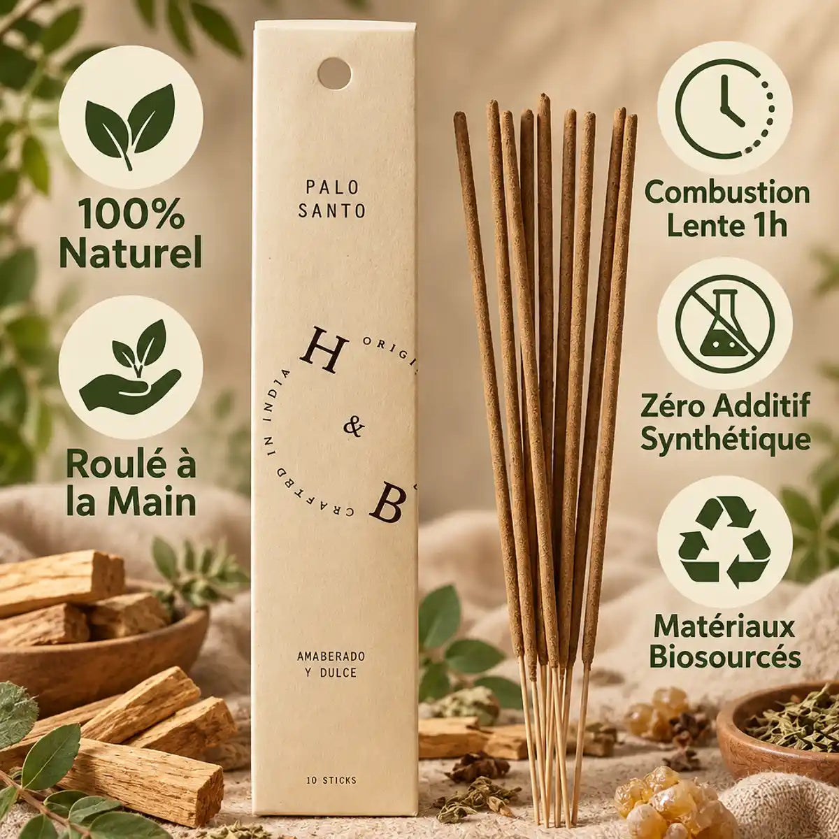 Encens Palo Santo naturel 10 bâtons avec packaging bois, certifications bio et éléments naturels