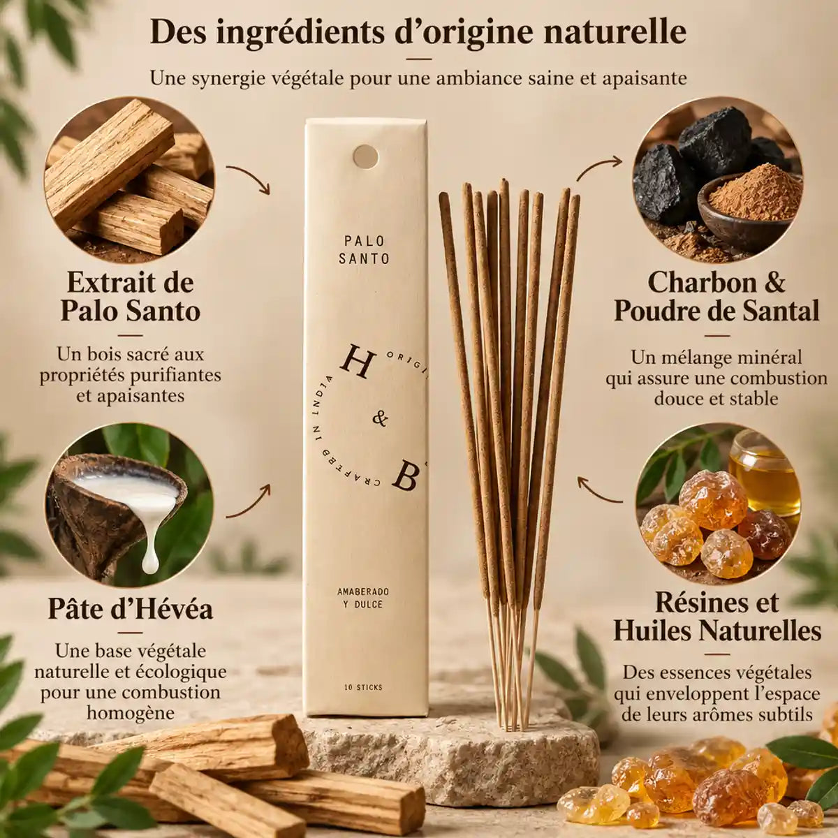 Encens Palo Santo 10 bâtons avec ingrédients naturels : extrait, charbon, santal et résines