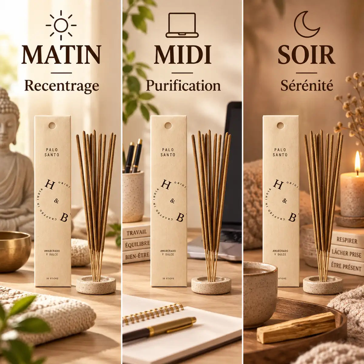 Encens Palo Santo naturel 10 bâtons - rituel matin midi soir avec packaging H&B Origin