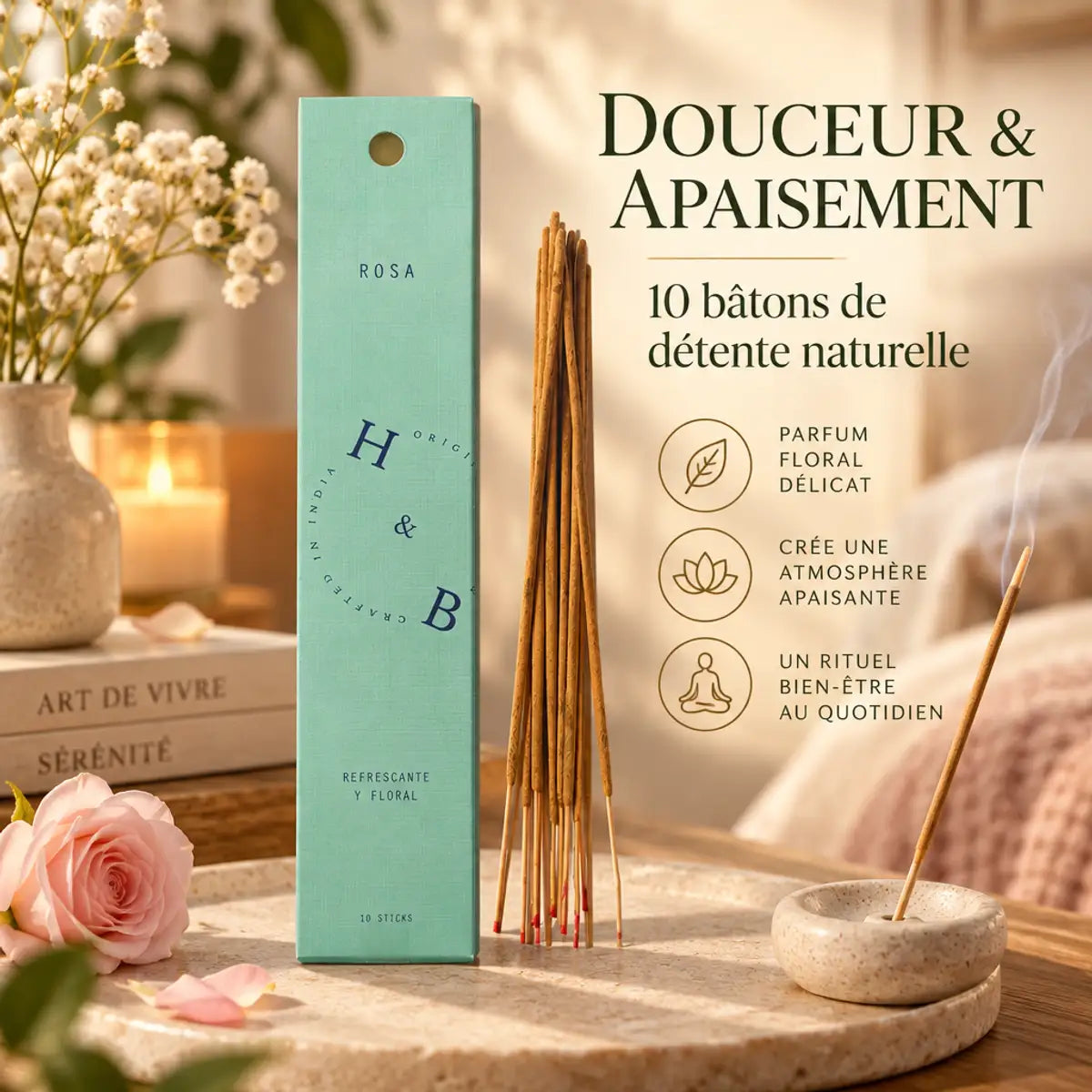 Encens naturel rose 10 bâtons dans un décor zen minimaliste avec éléments apaisants