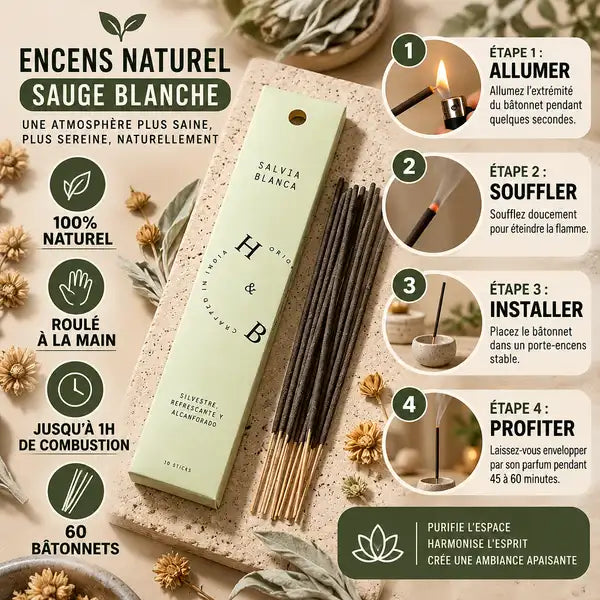 Boîte Encens Naturel Sauge Blanche 10 bâtons avec guide d'utilisation et éléments botaniques