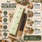 Boîte Encens Naturel Sauge Blanche 10 bâtons avec guide d'utilisation et éléments botaniques
