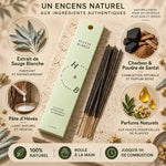 Encens Sauge Blanche naturel 10 bâtons avec ingrédients et feuilles séchées sur surface beige