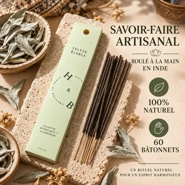 Encens naturel sauge blanche 10 bâtons, roulé à la main en Inde, 100% naturel