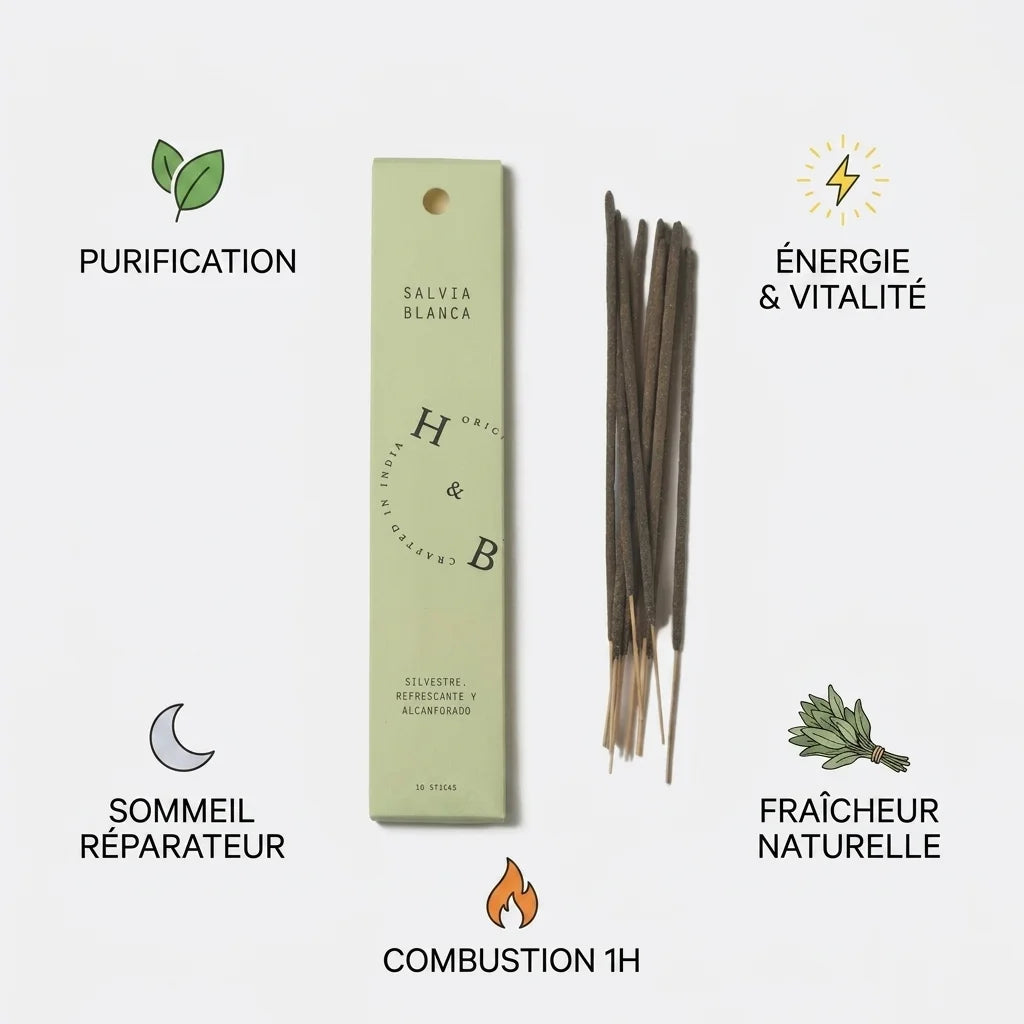 Encens Sauge Blanche naturel x10 avec bénéfices purification, énergie et sommeil réparateur