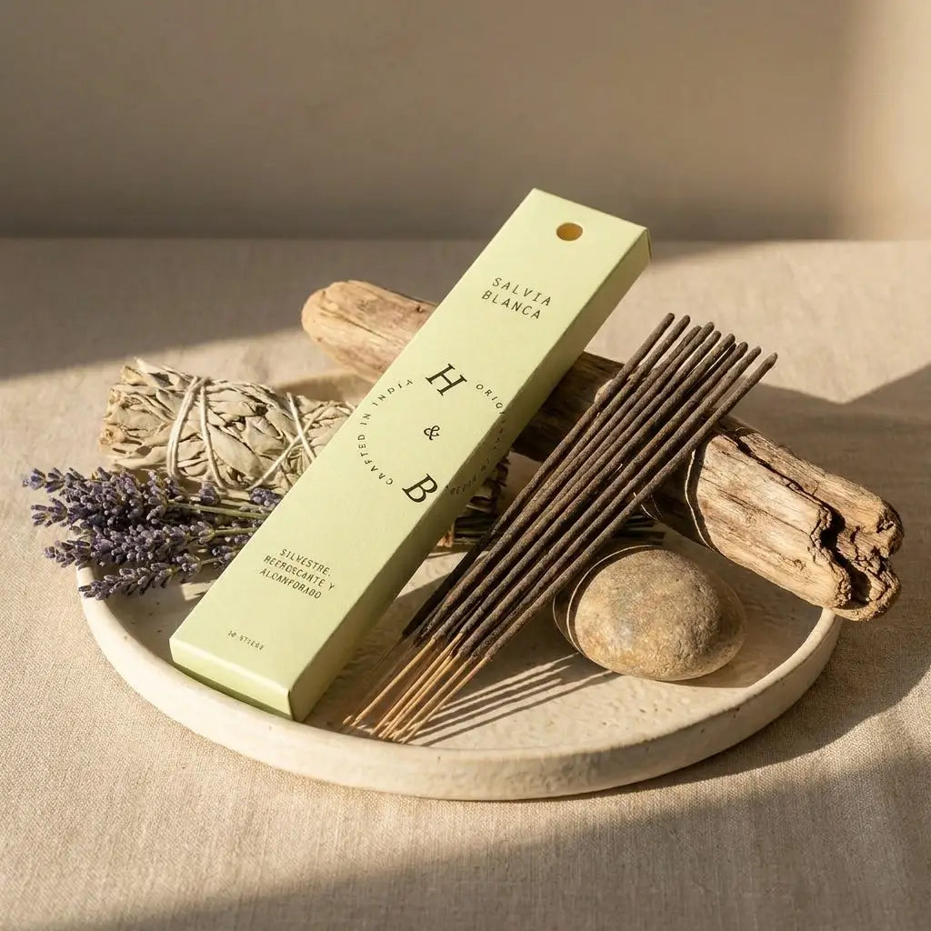 Encens naturel sauge blanche x10 avec packaging vert pâle sur fond neutre minimaliste