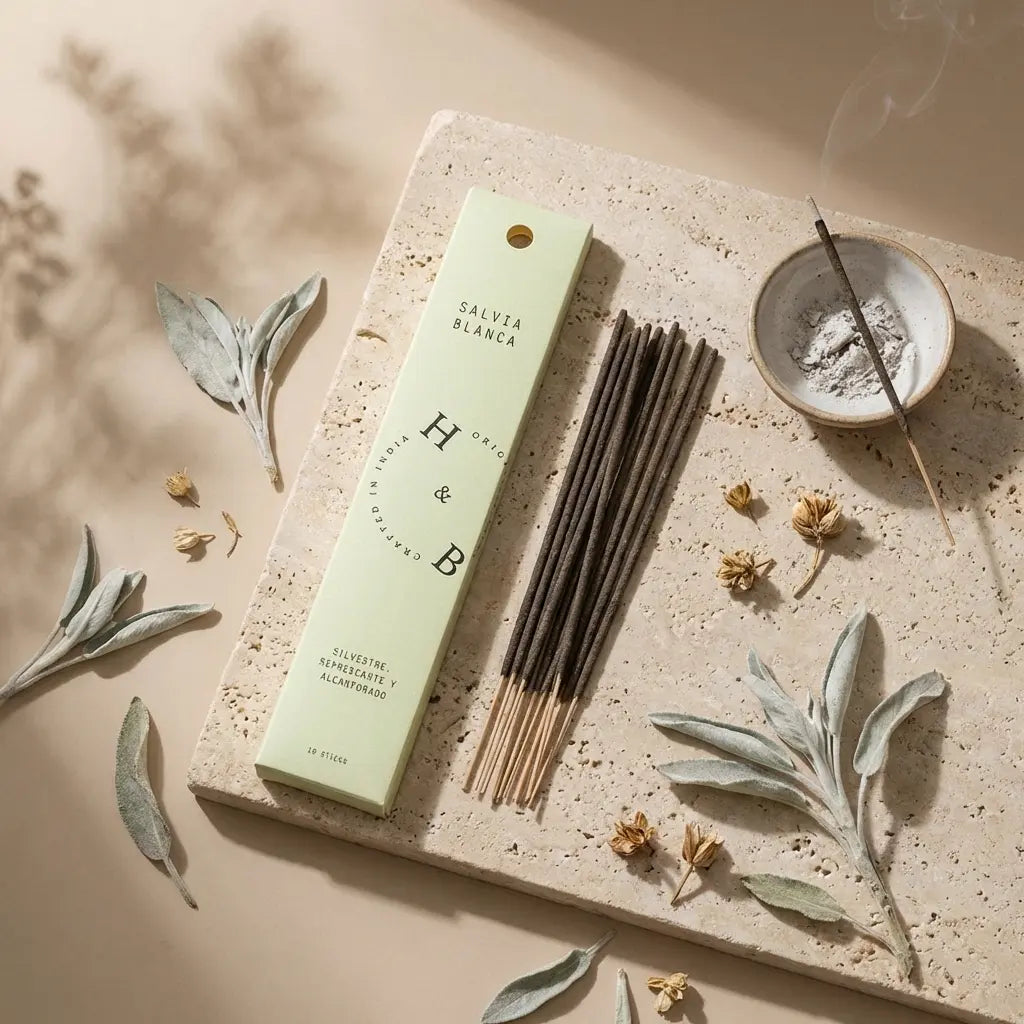 Encens naturel Sauge Blanche x6 en packaging artisanal sur fond minimaliste beige