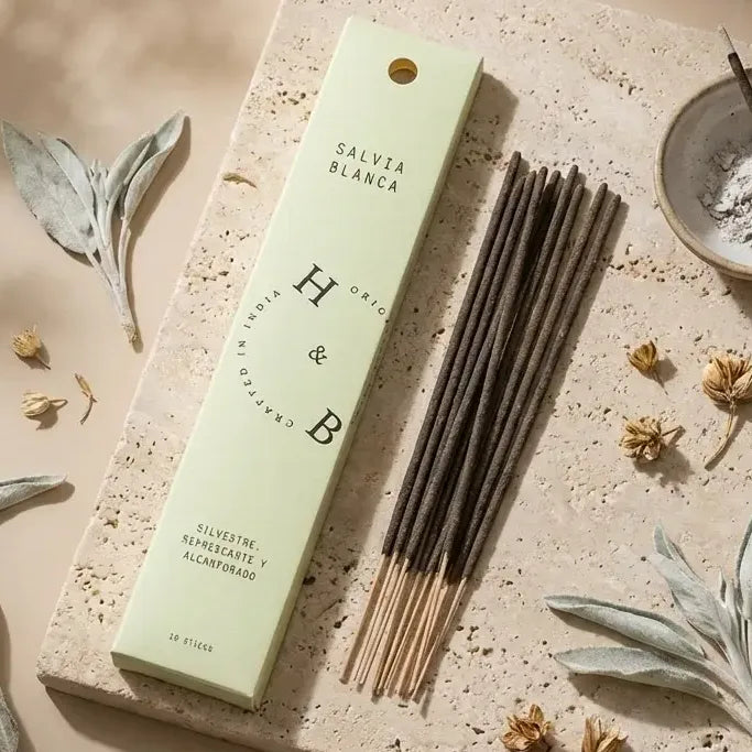 Encens naturel Sauge Blanche x6 en packaging artisanal sur fond minimaliste beige