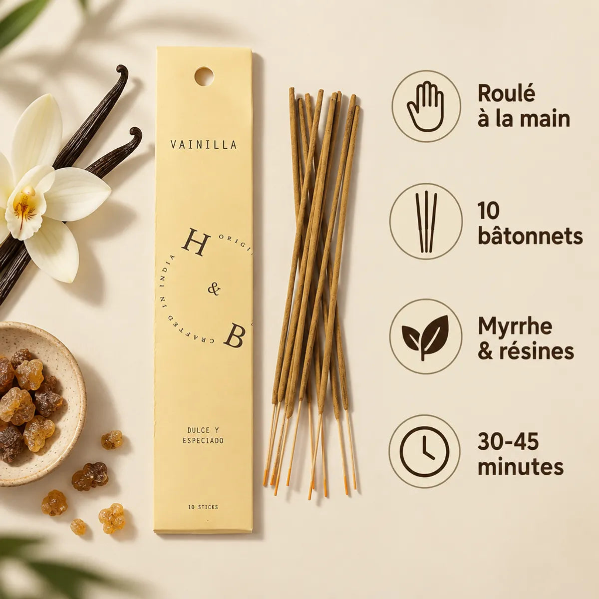Encens vanille naturel 10 bâtons roulés à la main avec packaging crème, durée 30-45 minutes