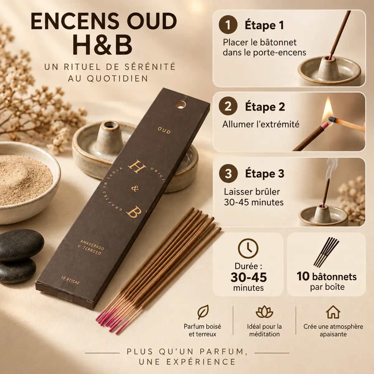 Encens Oud 10 bâtons H&B guide d'utilisation avec instructions étape par étape et durée de combustion