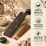 Boîte Encens Oud 10 bâtons naturels artisanaux avec ingrédients biosourcés sur fond minimaliste