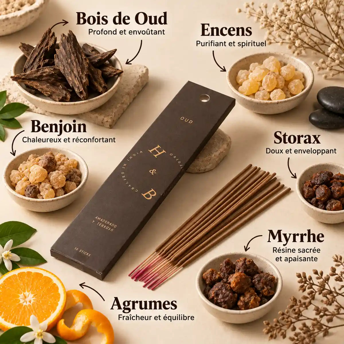 Encens Oud 10 bâtons avec ingrédients naturels : bois de oud, benjoin, myrrhe et storax