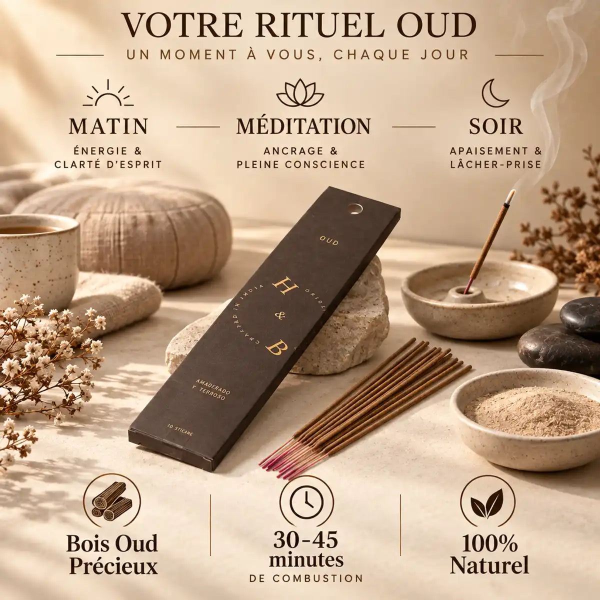 Encens Oud 10 bâtons - Rituels Matin Méditation Soir, bois naturel premium