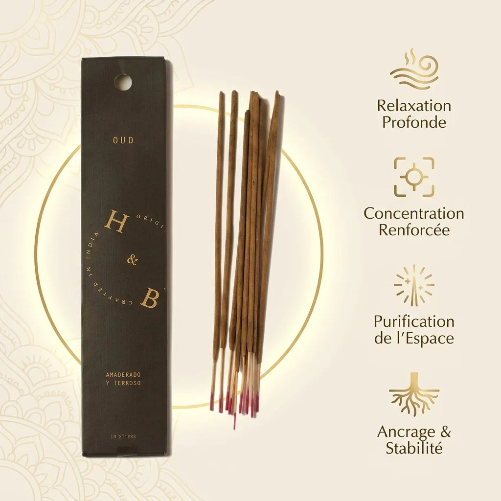 Encens Oud x10 H&B avec bâtons parfumés et bénéfices relaxation, concentration, purification