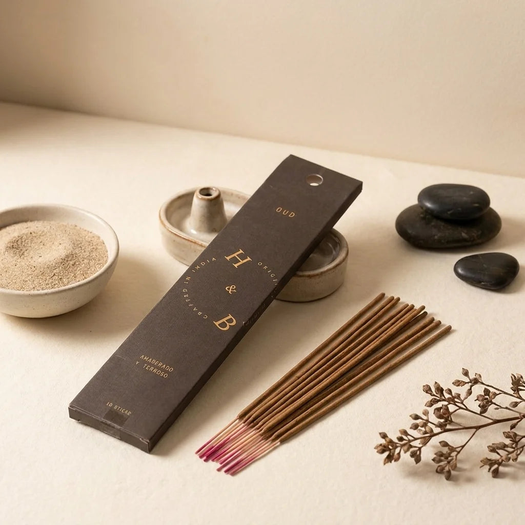 Encens Oud x10 bâtons de qualité premium avec packaging luxe sur fond neutre