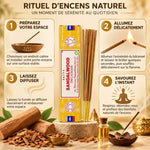 Encens Satya Bois de Santal 15g guide utilisation 4 étapes avec boîte produit et bâton allumé