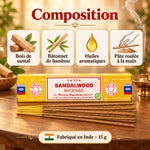 Encens Satya bois de santal 15 g sur table en bois, entouré de cartes explicatives : bâtonnet de bambou, huiles aromatiques, pâte roulée à la main