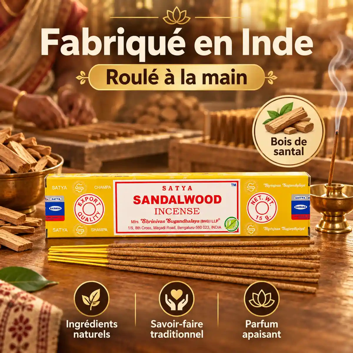 Encens Satya bois de santal 15g, bâtonnets roulés à la main et brûleur en laiton dégageant une fine volute de fumée

Hmm, that's wrong format guidance? Let me verify length: roughly 115 characters. Good.