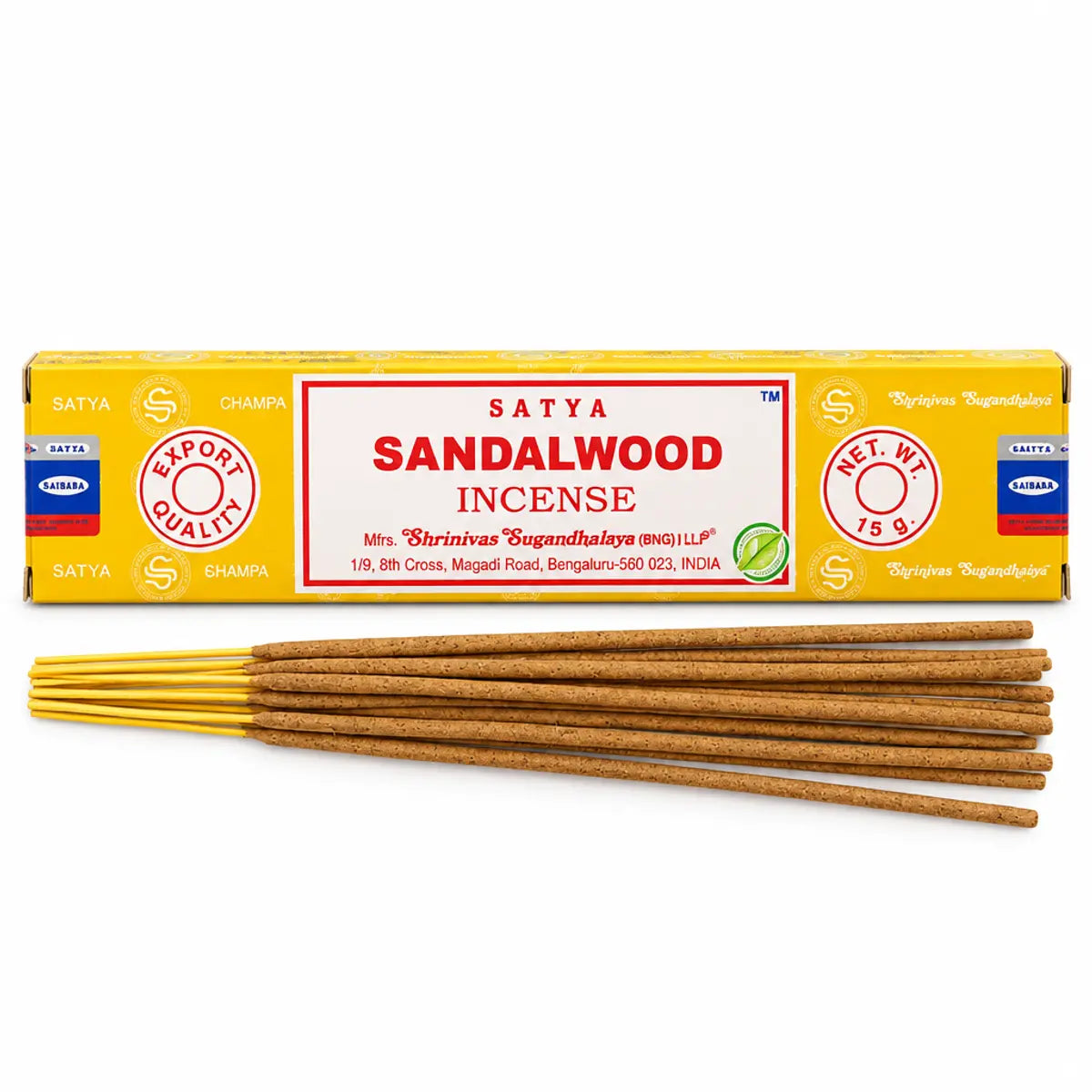 Encens Satya bois de santal 15 g : paquet jaune SATYA et bâtonnets d'encens bruns à bout jaune sur fond blanc