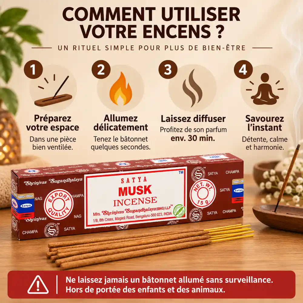 Encens Satya Musc 15g : boîte originale, bâtonnets d'encens et guide en 4 étapes pour une diffusion sécurisée