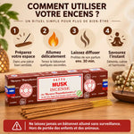 Encens Satya Musc 15g : boîte originale, bâtonnets d'encens et guide en 4 étapes pour une diffusion sécurisée
