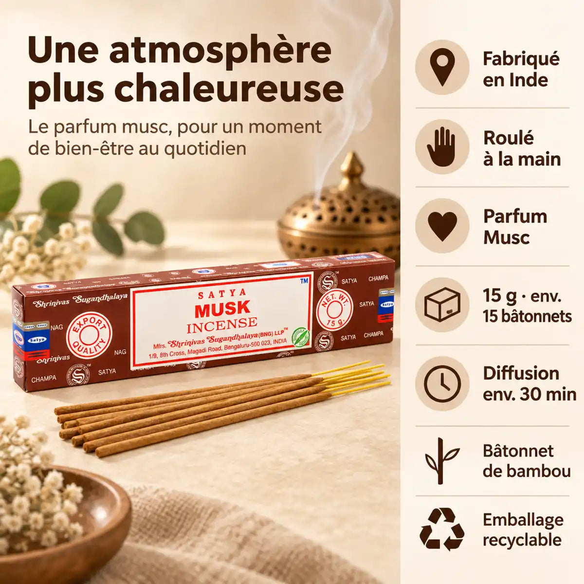 Encens Satya Musc 15 g : boîte, bâtonnets roulés à la main fabriqués en Inde sur fond crème