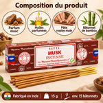Encens Satya Musc 15 g : bâtonnets d'encens roulés à la main, parfum musc, huiles parfumées et bambou, fabriqué en Inde