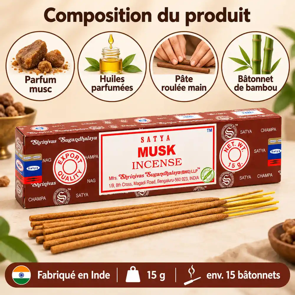Encens Satya Musc 15 g : bâtonnets d'encens roulés à la main, parfum musc, huiles parfumées et bambou, fabriqué en Inde
