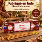 Encens Satya Musc 15 g en boîte, bâtonnets roulés à la main avec âme en bambou, fabriqué en Inde par des artisans