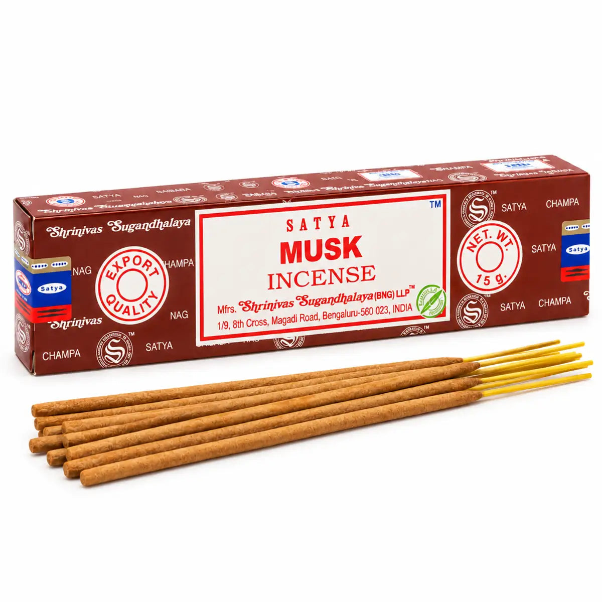 Boîte d'encens Satya Musc 15 g avec bâtonnets d'encens bruns à embouts jaunes, sur fond blanc