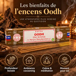 Encens Satya Oud 15g dans son emballage marron, entouré de bâtonnets d'encens et de badges sur les bienfaits : calme, méditation, ambiance cocooning