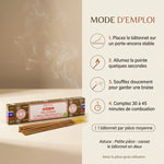 Encens Satya Oud 15g : bâtonnets sur fond crème avec mode d'emploi en 4 étapes et conseils d'utilisation