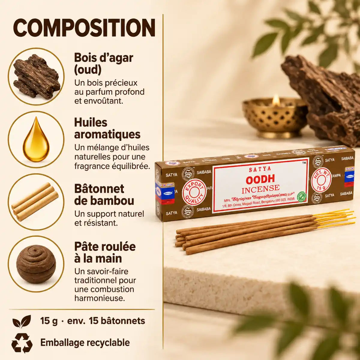 Encens Satya Oud 15 g : bâtonnets d'encens à l'oud, emballage recyclable, composition et ingrédients sur fond crème