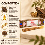 Encens Satya Oud 15 g : bâtonnets d'encens à l'oud, emballage recyclable, composition et ingrédients sur fond crème