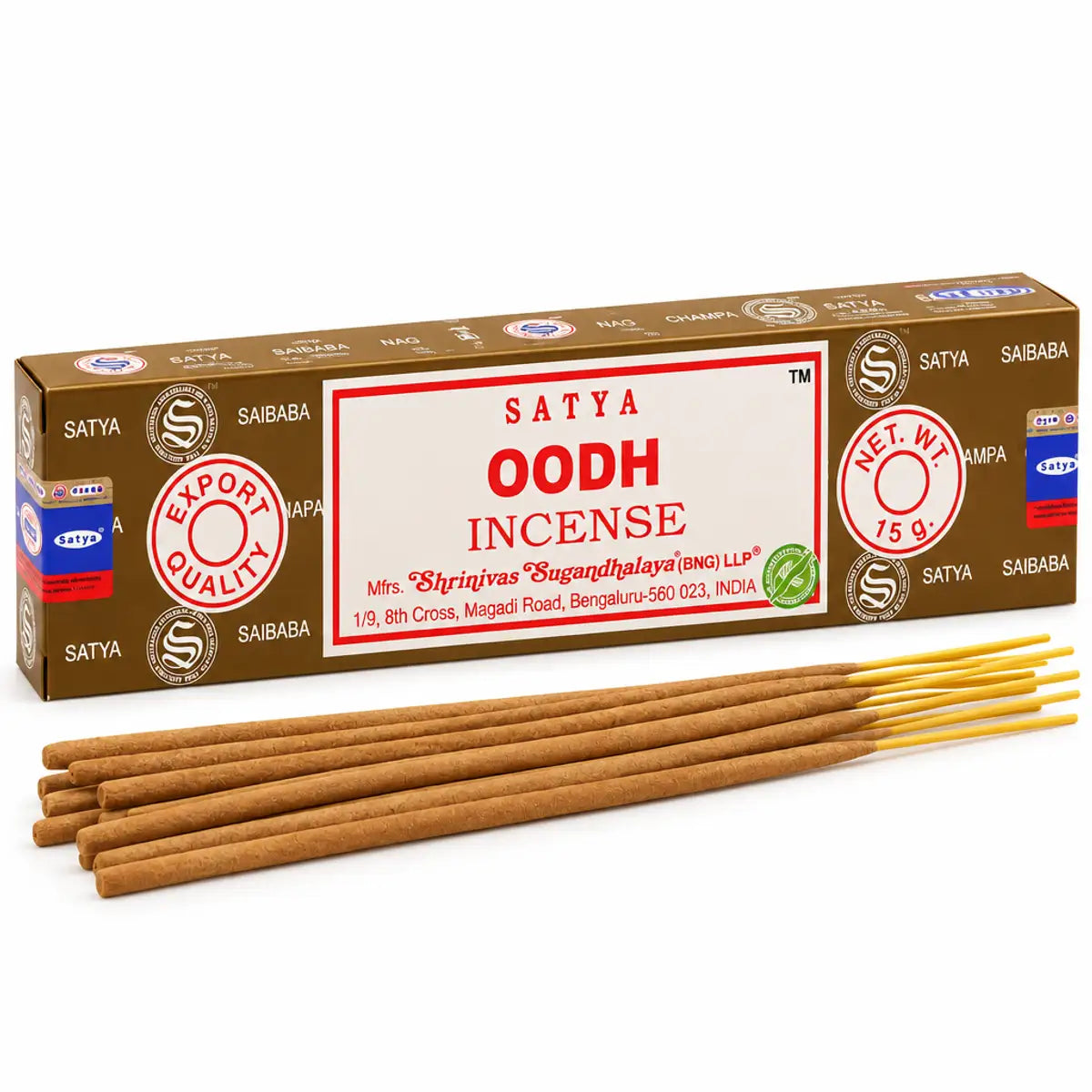 Boîte d'encens Satya Oodh 15g avec bâtonnets d'encens bruns à pointes jaunes, fond blanc, qualité export