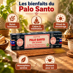 Encens Satya Palo Santo 15g, bâtonnets à côté d'un brûle-encens en laiton et de fumée douce, pour méditation et rituel de recentrage.