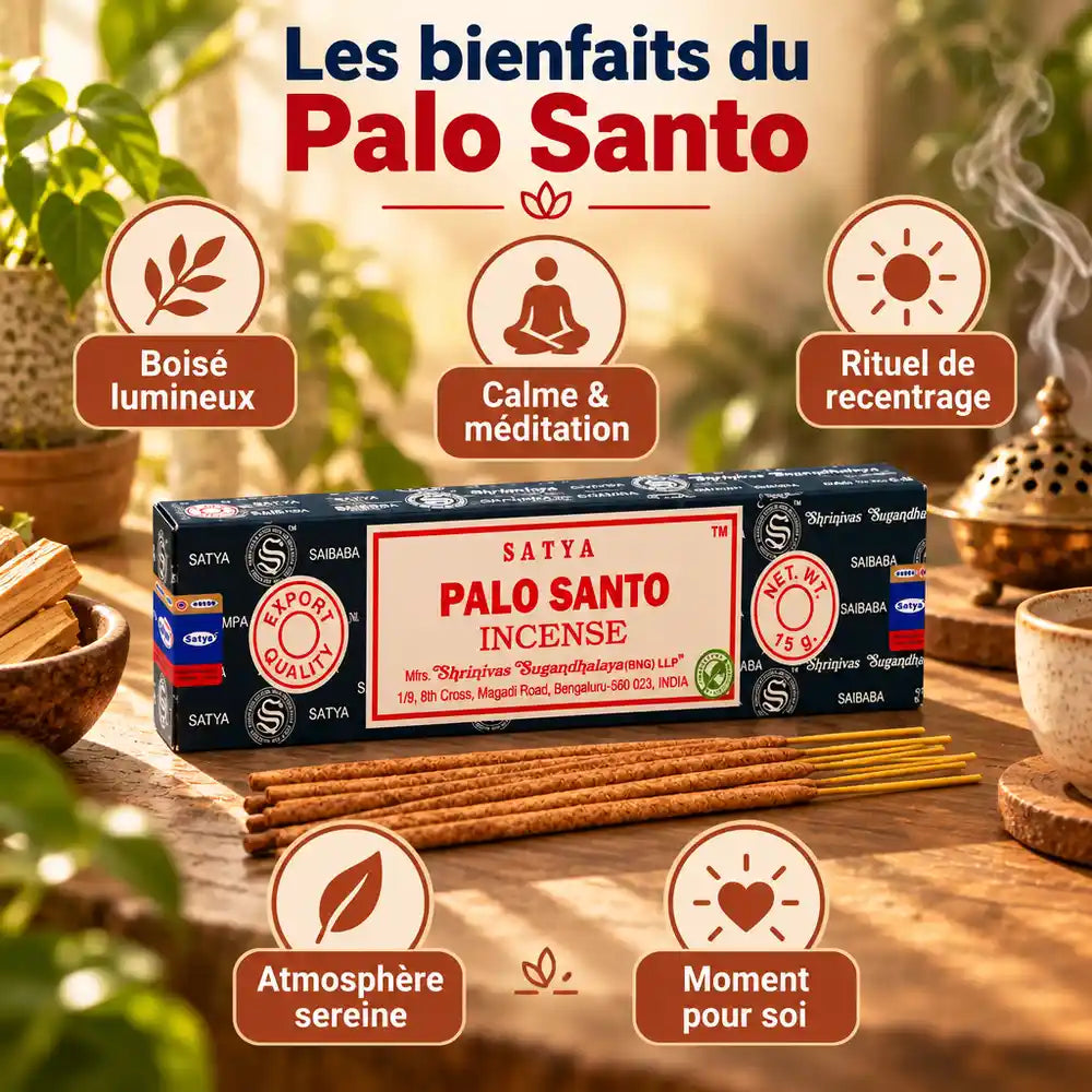Encens Satya Palo Santo 15g, bâtonnets à côté d'un brûle-encens en laiton et de fumée douce, pour méditation et rituel de recentrage.
