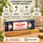 Encens Satya Palo Santo 15 g : boîte bleu marine, bâtonnets dorés et guide d'utilisation en 4 étapes sur bois clair